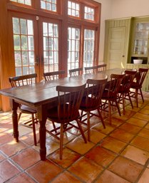 (K) FABULOUS HUGE VINTAGE SOLID WOOD FARMHOUSE GATHERING TABLE WITH TEN CHAIRS - 196' BY 30'W BY 29'H