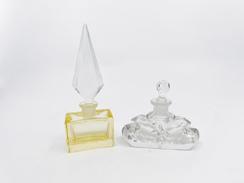 (A-23) PAIR OF VINTAGE CUT GLASS PERFUME BOTTLES - MAY HAVE MIS-MATCHED STOPPERS - YELLOW IS SIGNED -4'-6'