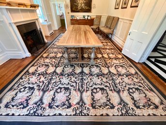 (DR) HUGE VINTAGE HAND STITCHED NEEDLEPOINT AREA RUG - BLACK WITH MULTI COLOR FLORAL - EXCELLENT SHAPE -