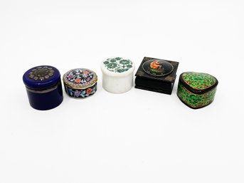 (A-31) Collection Of Five Vintage TRINKET BOXES - PAPER MACHE, PERU STERLING, STONE, ASIAN