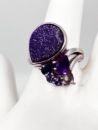 (J-27) STERLING SILVER AND DRUZY AMETHYST LADIES RING-SIZE 8 WEIGHT 7.03 DWT-STONE MISSING