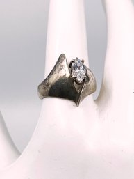 (J-28) VINTAGE/MCM LADIES STERLING SILVER AND CZ MODERNIST RING-MARKED 925-SIZE 8 WEIGHT 3.15 DWT
