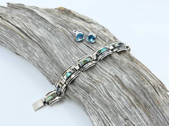 (J-4)  2 STERLING SILVER JEWELRY ITEMS-BRACELET W/ABALONE TAXCO MEXICO & PAIR OF SS EARRINGS W/BLUE STONE