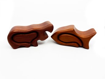 (A-36) PAIR OF MCM HANDCRAFTED NATIVE REDWOOD ANIMAL TRINKET BOXES WITH DRAWERS - HIPPO & FISH -9'