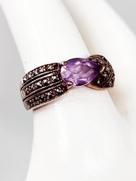 (J-38) VINTAGE/MCM AMETHYST AND MARCASITE STERLING SILVER LADIES RING-SIZE 7 WEIGHT 3.28