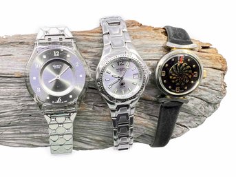 (J-17) LOT OF 3 WRISTWATCHES-SWATCH WATCH & FOSSIL NEED BATTERY, SELF WINDING ALFEX NOT WORKING