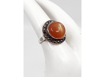 (J-49) ESTATE STERLING SILVER MARCASITE RING WITH CARNELIAN? STONE -SIZE 5 1/2 WEIGHT 3.39 DWT