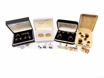 (J-20) VINTAGE LOT OF 10 MENS COSTUME JEWELRY ITEMS-3 TIE PINS, 7 TUXEDO AND CUFF LINK SETS-SEE IMAGES