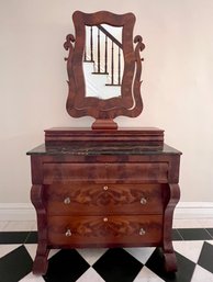 (Hall) ANTIQUE MID 1800s BOMBE CHEST OF DRAWERS WITH Flame Mahogany DRAWERS,BLACK MARBLE TOP & TILTING MIRROR