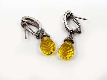 (J-55) ESTATE PAIR OF STERLING SILVER MARCASITE EARRINGS WITH CITRINE BRIOLETTE DROP -WEIGHT 4.36 DWT