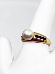 (G-4) 14 KT GOLD AND PEARL W/DARK GEM RING-SIZE 6 1/2 WEIGHT 2 DWT
