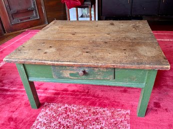 (S-3) RUSTIC DISTRESSED WOOD TOP COFFEE TABLE WITH GREEN BASE- 32' BY 36' BY 18'