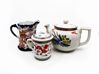 (A-50) VINTAGE LOT OF 3 ASIAN STYLE POTTERY ITEMS-PITCHER, TEAPOT & LIDDED VASE-SEE IMAGES FOR CONDITION