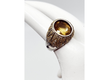 (G-10) VINTAGE 14KT WHITE AND YELLOW GOLD RING W/AMBER STONE-CENTER STONE IS LOOSE-SIZE 6 1/2 WEIGHT 5.64 DWT