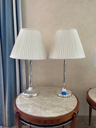 PAIR CHROME BASE TABLE LAMPS WITH PLEATED SHADES - 36' HIGH, SHADE IS 20' WIDE