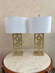 PAIR GOLD ASIAN INSPIRED TABLE LAMPS WITH SHADES - 28' HIGH, SHADE IS 16' WIDE