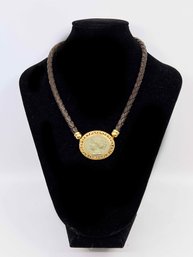 (J-32) VINTAGE 18 KARAT GOLD & LEATHER CAMEO STYLE NECKLACE-ITALY-approx. 22.54 DWT