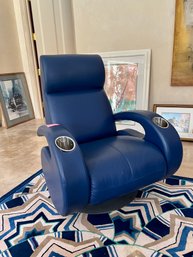 'AMERICAN LEATHER ' BLUE LEATHER GAMING CHAIR WITH STEEL BASE - 43' HIGH BY 32' WIDE BY 36' DEEP