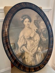 (DR-93) ANTIQUE VICTORIAN BEAUTY HOLDING FLOWERS LITHO IN OVAL TIGER MAPLE FRAME -32' BY 25'