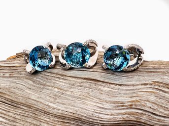 (J-39) MATCHING 18 KARAT WHITE GOLD, DIAMONDS AND TOPAZ RING AND EARRINGS