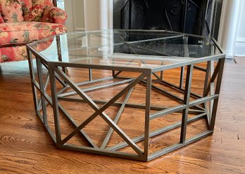 (L-1) CONTEMPORARY OCTAGONAL COFFEE TABLE - THICK GLASS & STEEL BASE - 48' BY 19'H