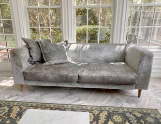 CONTEMPORARY GRAY UPHOLSTERED SOFA WITH CLEAN LINES -NEEDS SPOT CLEANING- 74' BY 35'D BY 30'H, SEAT HEIGHT-17'