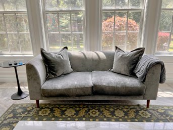 CONTEMPORARY GRAY UPHOLSTERED SOFA WITH CLEAN LINES -NEEDS SPOT CLEANING- 74' BY 35'D BY 30'H, SEAT HEIGHT-17'