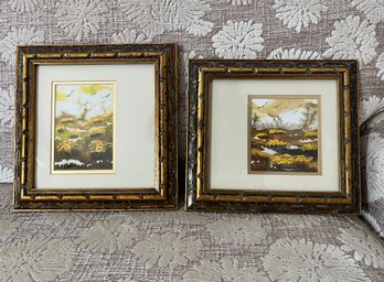 (A-9B) LOVELY PAIR OF FRAMED ORIGINAL PAINTINGS - YELLOW FLOWERS IN MEADOW WITH TREE & BIRDS - 10 BY10' & 9'