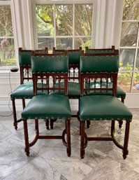 FIVE (5) ANTIQUE FRENCH HENRY II STYLE CARVED SPINDLE BACK, LEATHER DINING CHAIRS W/MEDALLION HEAD DETAIL