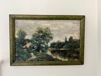 (P) ORIGINAL ANTIQUE LAKESIDE LANDSCAPE  OIL PAINTING WITH ROWBOAT- 17' BY 41'