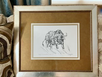 (A-12)ORIG. FRAMED DRAWING BY PETER DIGGERY, S. AFRICA - 'DANGER! A SOLITARY AFRICAN BUFFALO BULL'- 26' BY 30'