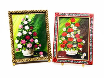 (B-51) PAIR OF VINTAGE HAND PAINTED MINIATURE FLORAL OIL PAINTINGS - ONE IN ITALIAN BRASS & MOSAIC FRAME