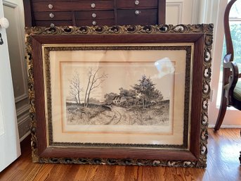 (DR96) ANTIQUE LONG ISLAND SHORE PASTORAL LANDSCAPE ETCHING BY GEORGE BOHDE (1857-1914) -ORNATE ORIG. FRAME -