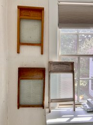 (UP) THREE ANTIQUE WOOD WASH BOARDS, LAUNDRY ROOM - NATIONAL WASHBOARD CO.- APPROX. 13'BY16'