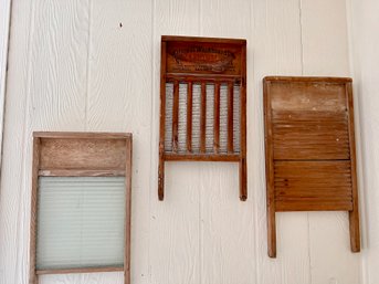 (UP) THREE ANTIQUE WOOD WASH BOARDS, LAUNDRY ROOM - NATIONAL WASHBOARD CO.- APPROX. 13'BY16'