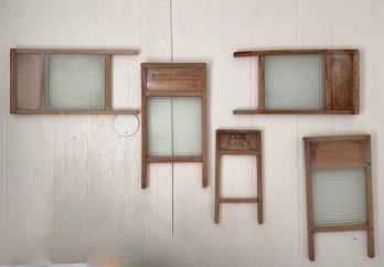 (UP) FIVE  ANTIQUE WOOD WASH BOARDS, LAUNDRY ROOM - NATIONAL WASHBOARD CO.- APPROX. 13'BY16'