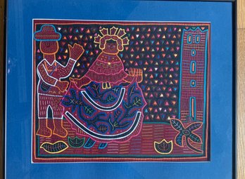 (U-20) VINTAGE MCM 'MOLA' TEXTILE ART -'dancing Couple'  CRAFTED BY KUNA PEOPLE IN PANAMA - 21' BY 17'
