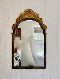 (UP) ANTIQUE OVAL TOP WALL MIRROR WITH CARVED DETAIL & PAINTED DECORATION - 41' BY 25'