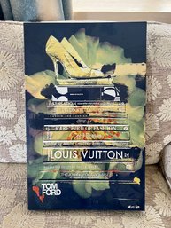 (A-17) MODERN CANVAS PRINT OF PUMPS ON A STACK OF LUXURY FASHION BOOKS - LOUIS, FORD, BEENE- 22' BY 14'