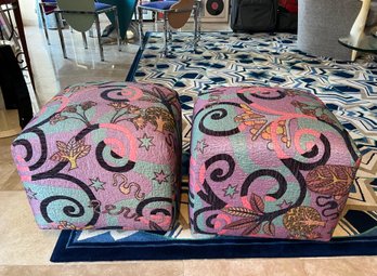 (A) PAIR OF VINTAGE POST MODERN OTTOMANS - BOLD '90'S SWIRL PATTERN - GREAT CONDITION - 19 BY 19 BY 17' HIGH