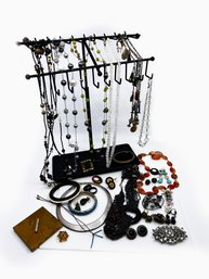 (j--2) VINTAGE LOT OF COSTUME JEWELRY-NECKLACE'S, BRACELETS, PINS, EARRINGS & COSMETIC MIRROR