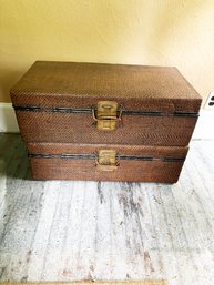 (KX) PAIR OF VINTAGE RATTAN AND METAL SUITCASES WITH LINED WOOD INTERIORS-LOCAL PICK UP ONLY-SEE BELOW