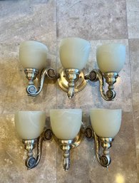 (L-2) PAIR OF TRIPLE LIGHT WALL SCONCES WITH  FROSTED GLASS SHADES - 10' TALL BY 18' WIDE