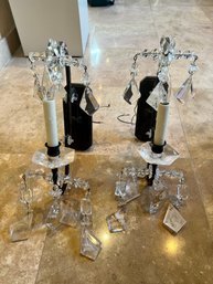 (L-3) PAIR OF ELEGANT CRYSTAL WALL SCONCES WITH IRON MOUNTS- 14' TALL BY 7' WIDE