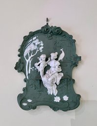 (x) LARGE ANTIQUE VOLKSTEDT, GERMANY GREEN JASPERWARE PLAQUE WITH HIGH RELIEF NEOCLASSICAL  FIGURES -13' BY 11