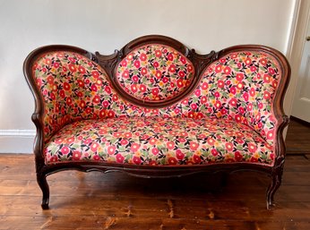 (Uphall) FAB ANTIQUE VICTORIAN SOFA UPHOLSTERED IN MOD '60's SILK FLORAL & FEATURED IN LONDON ARCH. DIGEST