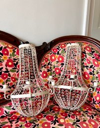 (UB1-9) PAIR OF VINTAGE THREE CANDLE WHITE IRON WALL SCONCES DECORATED WITH CRYSTAL BEADS - 19' BY 11'