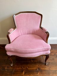 (UB1-7) VINTAGE FRENCH PROVINCIAL PINK UPHOLSTERED ARMCHAIR - CARVED WOOD DETAIL - CHENILLE CORDUROY-34'BY27BY