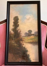 (Art-9) FRAMED ANTIQUE PASTORAL PASTEL PAINT LANDSCAPE WITH LAKE SIGNED HOWARD - 14' BY 26'