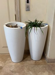 (L) PAIR TALL WHITE MODERNIST PLASTIC PLANTERS - 32' TALL BY 16' WIDE